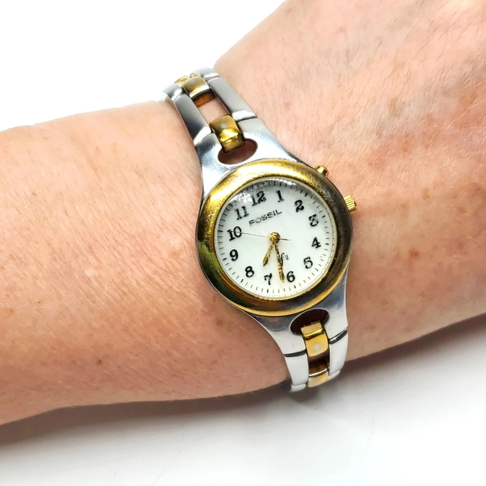 Vintage Fossil F² Watch ES9604 Two Tone Steel Wristband White Face Watch